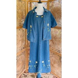 Vintage Agapo 2 pc Denim Embroidered Yellow Flowers Jumper Dress & Shirt Set L